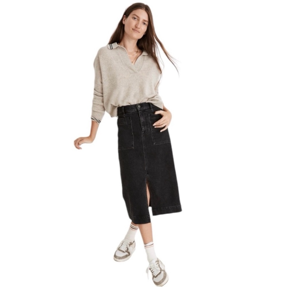 Madewell Stretch Denim Slit Straight Midi Skirt in Cadman Wash.